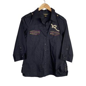 Y2K Rocawear Womens 3/4 Sleeve Logo Button Down Blouse Black Size Large L NWT